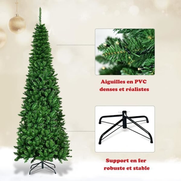 Kunstigt LED juletræ 200 cm COSTWAY-250 Varme hvide lys-708 grene PVC-nåle-foldbar metalstøtte Grön
