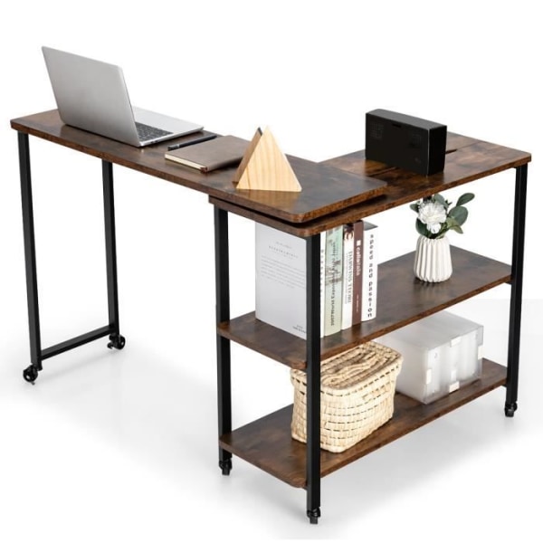COSTWAY 360° vridbart sidobord, utdragbart skrivbord med 2 förvaringshyllor, robust metallram, 101 x 30 x 72,5 cm kastanj