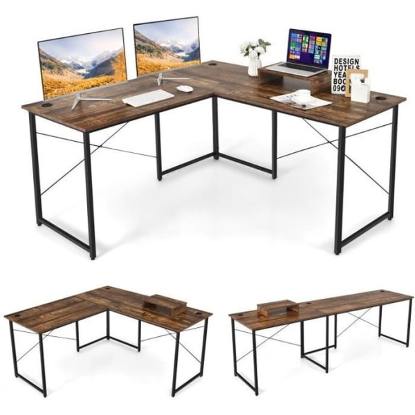 COSTWAY hjørneskrivebord - 150 x 150 x 74 CM - Justerbart til lige skrivebord, stort bord til 2 personer rustik brun rustikt brunt