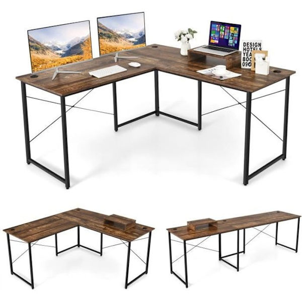 COSTWAY Hörnskrivbord - 150 x 150 x 74 CM - Justerbart till rakt skrivbord, stort bord för 2 personer Rustikbrun rustikt brunt