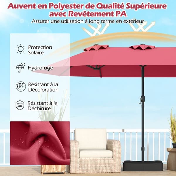 Parasol Dubbel Trädgård 470x285cm Rektangulär - COSTWAY - Bas och 2 Sandsäckar (Utan Sand) - 12 Robusta Spön - Röd