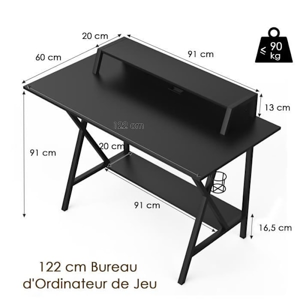 COSTWAY Gaming Desk L122 x B60 x H91 CM, Double Tray Gamer-bord, Hörlurskrok, Mugghållare, Nedre hylla