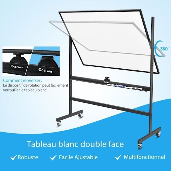 COSTWAY Fristående Whiteboard 360° Vändbar 90x120cm med 4 hjul Höjdjusterbara torrradsmagneter 6 markörer