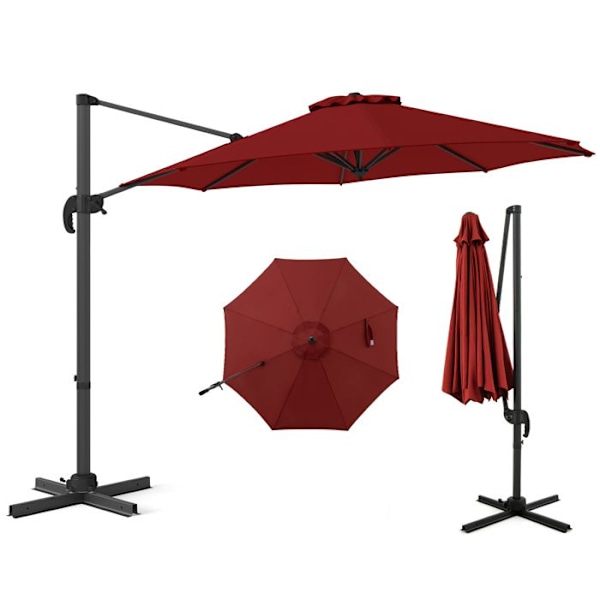 COSTWAY Erikoisvarjo 294x247cm - 360° Kierto - 5 Kallistuskulmaa Säädettävissä - Ristikkojalka - UV-suojattu Puutarhaan - Punainen