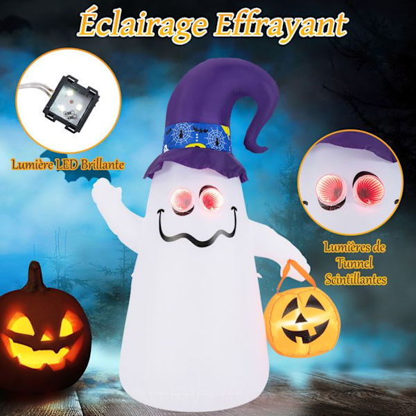 COSTWAY oppustelig Halloween-dekoration 180 cm, 5 dæmpbare LED-lys, sødt spøgelse med græskarlygte indendørs udendørs