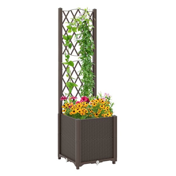 Hævet Plantekasse på Ben COSTWAY, 40 x 40 x 140 cm, Spalier til Klatreplanter, Drænhuller, Selv-vanding, Kaffe