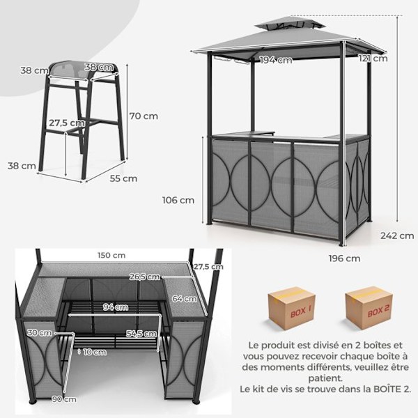 Grillpavillon med 2 COSTWAY barstole - Top af hærdet glas - Opbevaringshylder - Dobbelt lag baldakin - Grå