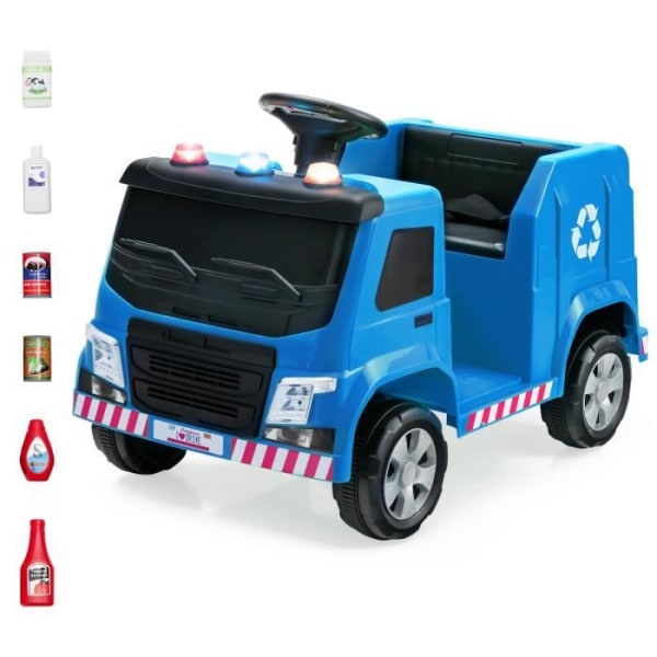 COSTWAY 12V elektrisk sopbil för barn 3-8 år gamla, 6 återvinningstillbehör, lampor, musik, blå