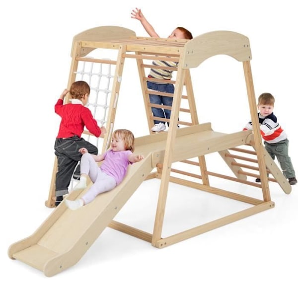 Escaladetrio - COSTWAY - 6-in-1 Puusta, jossa liukumäki ja verkko / kiipeily-, ryömimis- ja liukumistarvikkeet, 1 vuotta+ Luonnollinen Naturlig