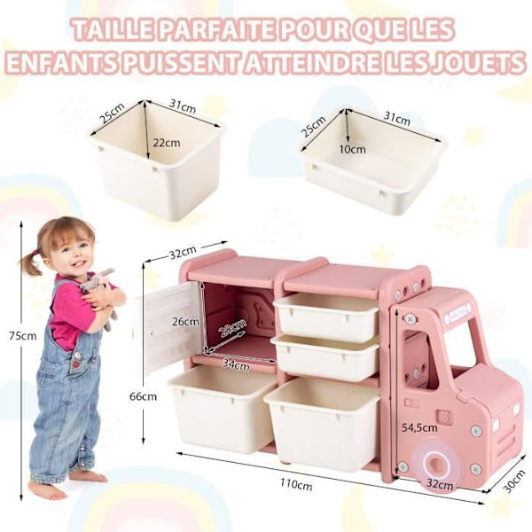 COSTWAY Børnelegetøjsopbevaringsenhed - 2 skraldespande, 2 skuffer og 1 skab 110 x 32 x 66 (L x B x H) CM Pink Vit