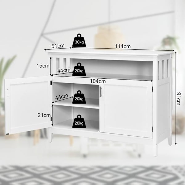 COSTWAY Køkken skænk med 2 døre 114x51x91 CM Moderne opbevaringsenhed med justerbar hylde til stue Spisestue Hvid