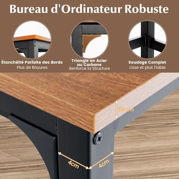 COSTWAY computerbord på hjul, mobilt industrielt computerbord med metalstel, maks. belastning 95 kg, 120x60x76 cm Brunt och svart