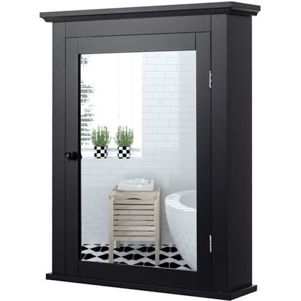 COSTWAY Vægmonteret badeværelsesskab med spejl og 2 hylder, justerbar hylde med 5 niveauer, 56 x 15 x 69,5 cm, sort