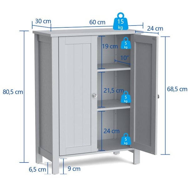 COSTWAY Kylpyhuonekaluste, Jalalliset Säilytyskaapit Säädettävillä Hyllyillä, 60 x 30 x 80,5 cm, Maksimi Kuormitus 30KG, Harmaa