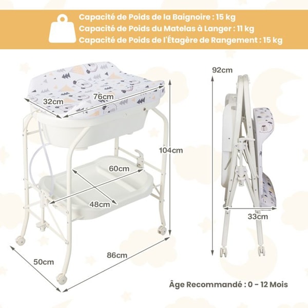 COSTWAY Babyskiftebord-Badekar 20L 4 i 1 Sammenklappelig med 4 Hjul, 1m Rør, Opbevaringsbakke PVC Vandtæt Pude 35Kg Hvid