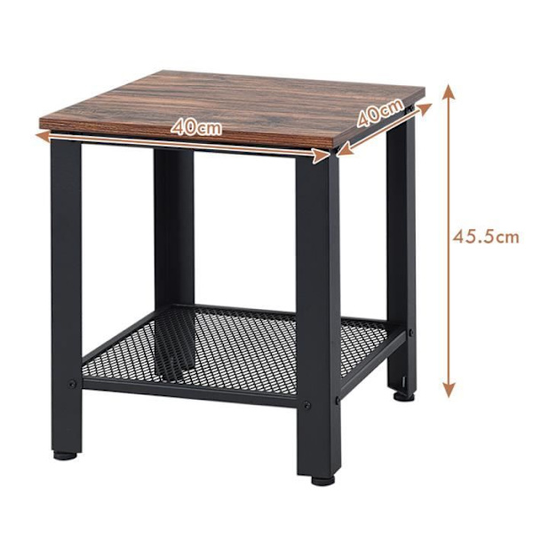 Industriel Natbord Sidetable Sofa Slutbord med 2 Lag i Træ og Sort Jern 40 x 40 x 45,5CM Svart