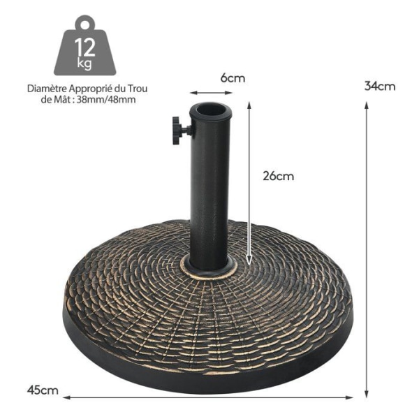 COSTWAY pyöreä päivänvarjoalusta/jalusta 12 kg hartsia halkaisijalle. masto 38/48 mm, säädettävällä painikkeella, kestää kaikki vuodenajat