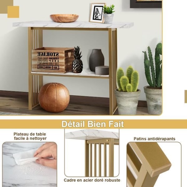 COSTWAY konsolbord, hall med marmoreffekt - 2 våningar 120 x 29,5 x 92,5 cm (L x B x H) Guldmetallram - skandinavisk stil Guld