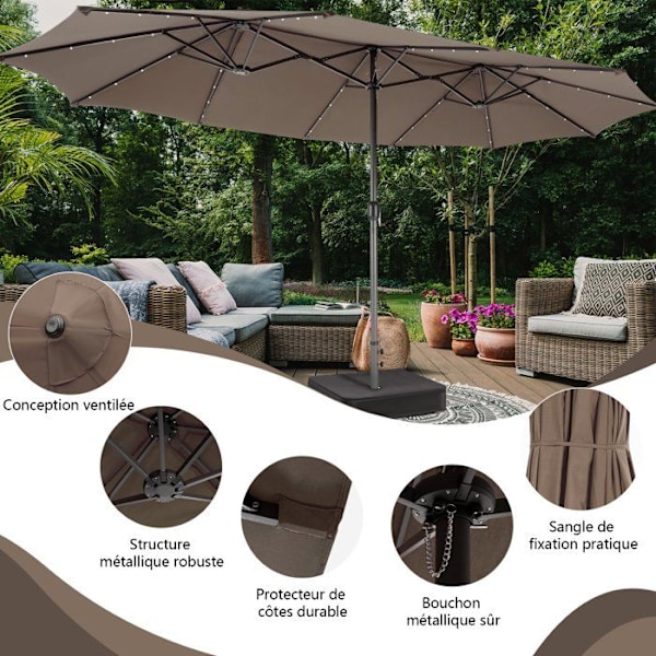 Parasol i Have XXL 48 LED - COSTWAY - 470 x 280 x 246 cm - Base og Sandpose - Solpanel - Firkantet Brun