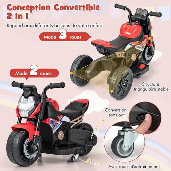 2 i 1 elektrisk motorcykel för barn 6V - COSTWAY - 2/3-hjulskonvertering - i 18-36 månader - LED-strålkastare - Musik - Horn - Röd Röd