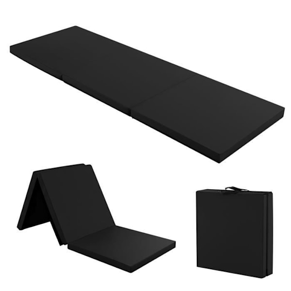 COSTWAY kokoontaittuva kuntosalimatto-180 x 60 x 5 cm-3 kerros kahva-koukku- ja silmukkakiinnikkeillä-vedenpitävä PU EPE -täyte-musta