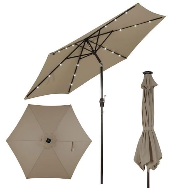 COSTWAY Tilt offset haveparasol Dia.270 x 250 CM med 18 LED'er, Anti-UV robust metalstruktur til terrasse, brun kastanj
