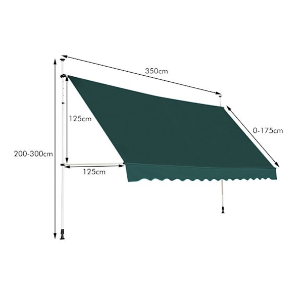 COSTWAY Butiksbanner Manuel Retractabel uden Bor 350x125CM-Vinkel, Højdejusterbar-i Metal og Stof-Vindue, Altan, Have-Grøn