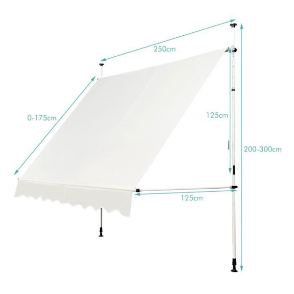 COSTWAY Butik Banne Manuel Retractabel Uden Bor 250x125CM-Ændret Vinkel, Justerbar Højde-i Metal og Stof-Vindue, Balkon, Have-Beige Beige