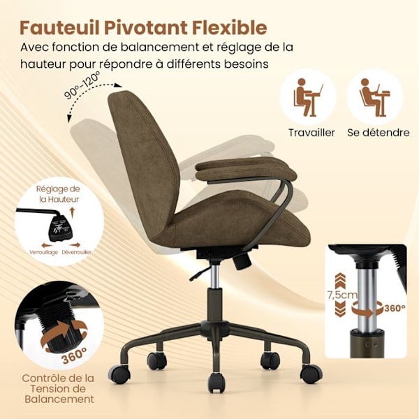 COSTWAY Ergonominen Kääntyvä Toimistotuoli Samettikankaasta Rullilla - Korkeussäädettävä Istumakorkeus 45-52 cm