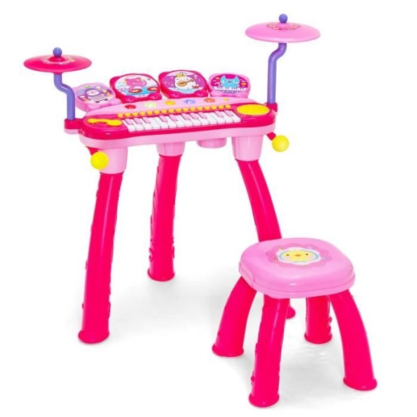 COSTWAY Baby Musical Toy 24 tangenter Piano och trumslagverk med pall, mikrofon, LED-lampor för barn i åldrarna 3+, rosa