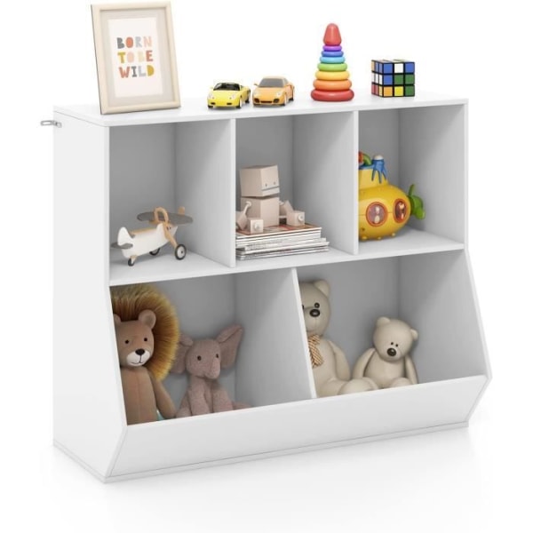 COSTWAY barnbokhylla 90 x 40 x 76 cm, 2-vånings leksakslåda, tippskydd, för sovrum, vit