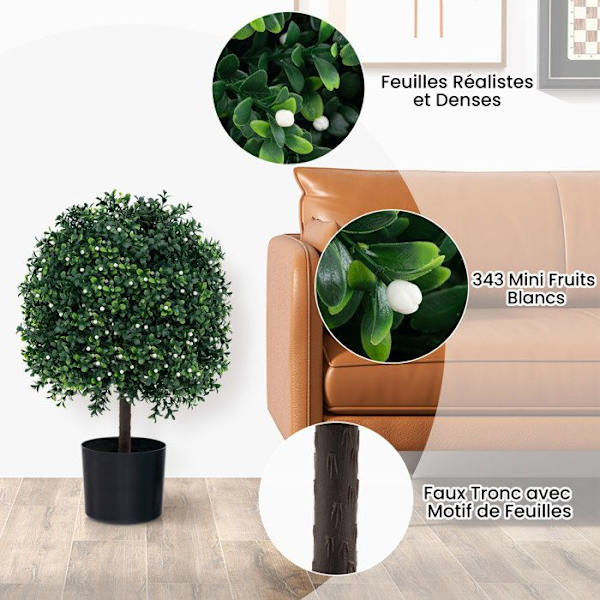 COSTWAY Sæt af 2 Kunstige Buxus Træer Topiary H55 cm, med UV-resistente Blade, 343 Hvide Frugter