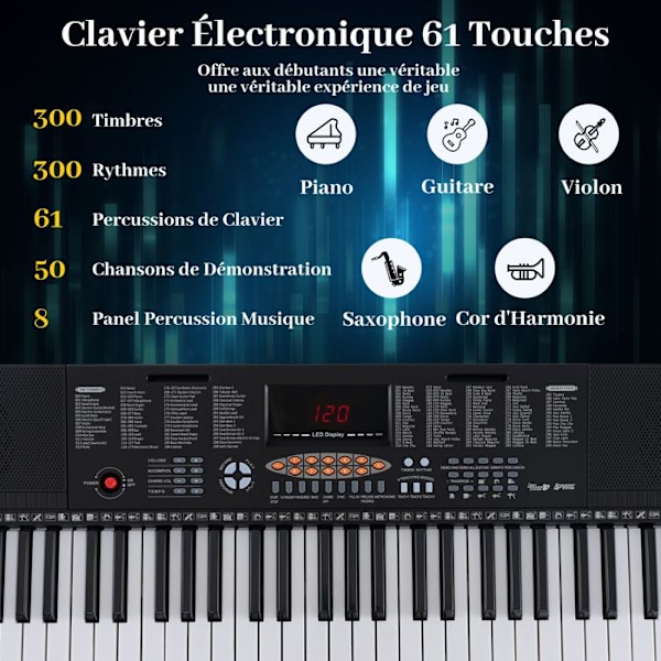 COSTWAY Digitale Klaver 61 Taster, 300 Rytmer, 300 Timbrer, 50 Demos, 3 Undervisningsmuligheder, LED Skærm, Mikrofon, Notestativ