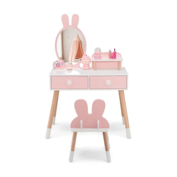 COSTWAY sminkbord för barn med kaninstol och spegel, sminkbord och hylla med 2 lådor, rosa trä