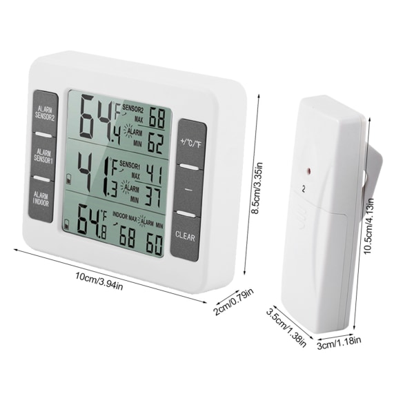 Trådlös Digital Larmande Kylskåpstermometer med 2 Sensorer Min/Maximal Display