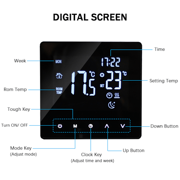 Smart Termostat Temperaturregulator för Vattenburen Värme LCD-Display Pekskärm Veckovis Programmerbara Termostater för Hemmakontor Skola Hotell