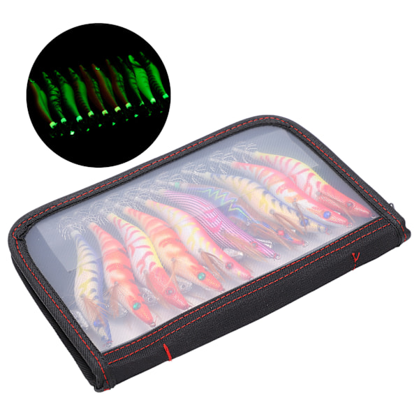 10 stk. Hard Bait Squid Jig Fiske Lokkemiddel Bleksprut Tre Reker Sepia Krok Rig med Pose