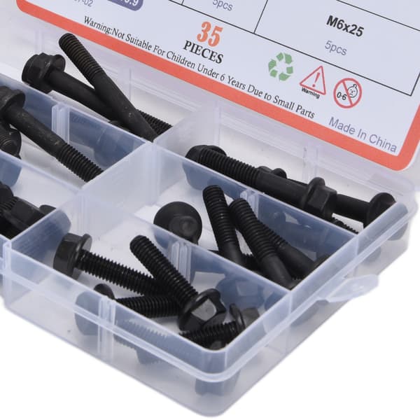 35 stk. Flangebolt M6 10.9 Niveau Kulstofstål Hex Bolte Sortimentssæt Kit Sort til Forbindelse