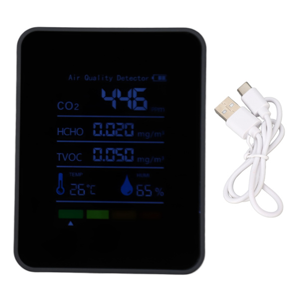 CO2 Detektor Bærbar Batteridrevet Kuldioxid HCHO TVOC Temp Humi 5 i 1 Måler Luftkvalitetsmonitor