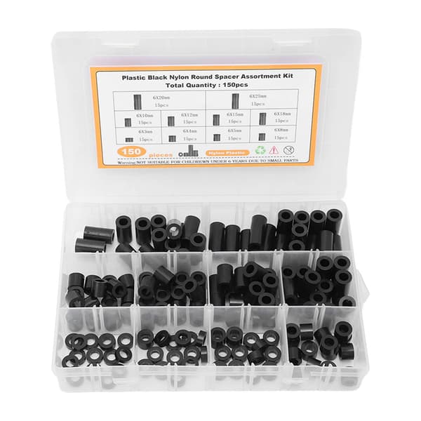 150 stk. nylonafstandsstykker, sortiment af runde plastikskruer, hardware-afstandssæt, sort