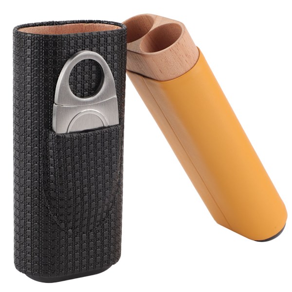 Svart Läder Cederträ 2 Rör Rese Cigarrfodral Humidor med Cigarrskärare
