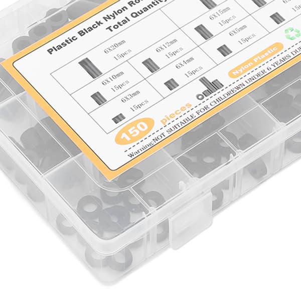150 stk. nylonafstandsstykker, sortiment af runde plastikskruer, hardware-afstandssæt, sort