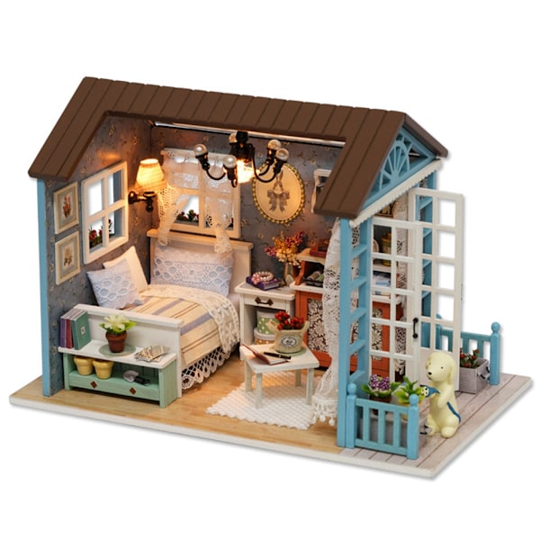 DIY Träkoja Miniatyr Möbel Kit Hus Leksak med LED-lampor Barnpresenter Heminredning