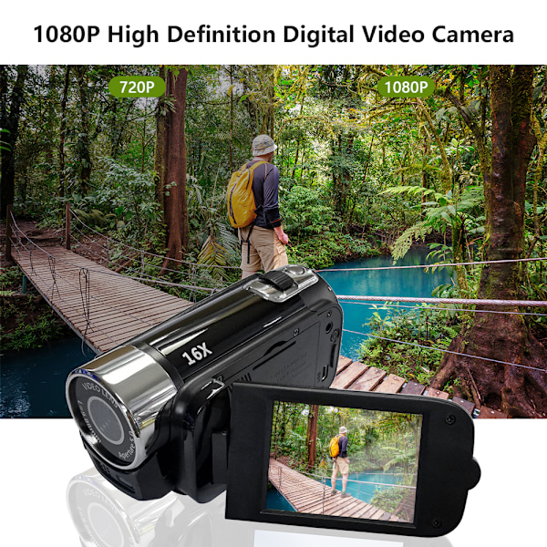 Bærbar 1080P High Definition Digital Videokamera DV Camcorder 16MP 2.7 Tommer LCD Skærm 16X Digital Zoom Indbygget Batteri