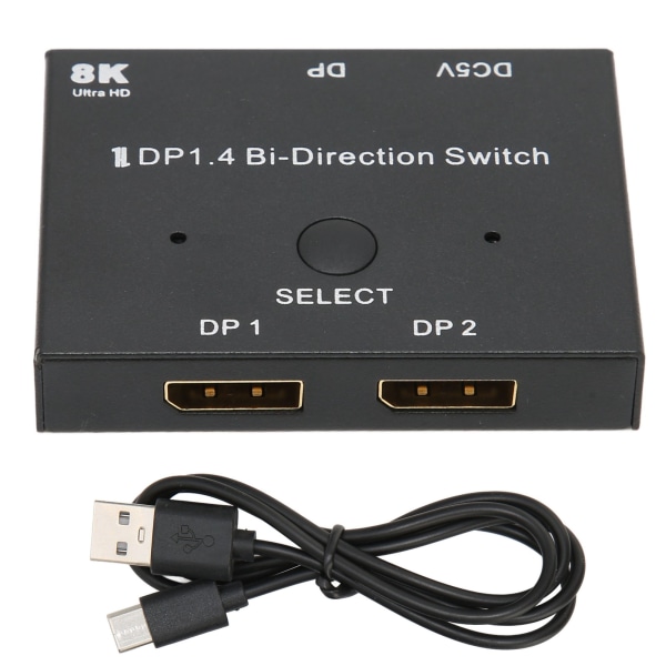 DisplayPort-switch 2x1/1x2 Bidirektionell Switcher Stöd för 8K 30Hz 5K 60Hz 4K 120Hz/60Hz för Monitor Laptop