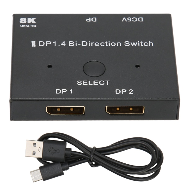 DisplayPort Switch 2x1/1x2 DisplayPort Dubbelriktad Switcher Stöd 8K 30Hz 5K 60Hz 4K 120Hz/60Hz för Monitor Laptop