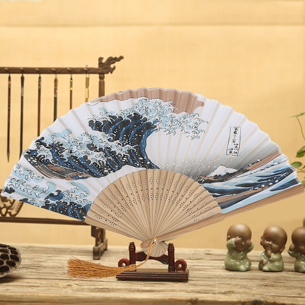 Elegant Japansk Stil Målade Vågor Retro Bambu Fällbar Fläkt Heminredning Kontor (#1)