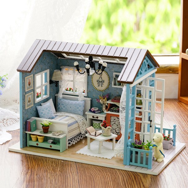 DIY Träkoja Miniatyr Möbel Kit Hus Leksak med LED-lampor Barnpresenter Heminredning