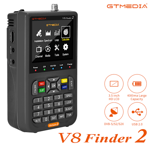 GTMEDIA V8 Finder 2 TV Signal Finder Meter DVB-S/S2/S2X Signalmottaker 3,5-tommers LCD-skjerm H.264 Automatisk Beregning av Vinkel 4000mAh Batteri
