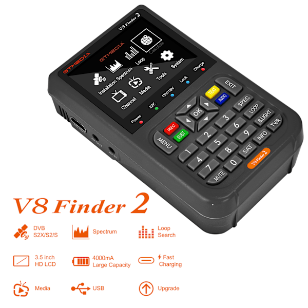 GTMEDIA V8 Finder 2 TV Signal Finder Meter DVB-S/S2/S2X Signalmottaker 3,5-tommers LCD-skjerm H.264 Automatisk Beregning av Vinkel 4000mAh Batteri